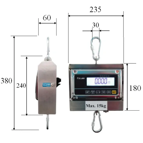 LESAK J1-RWS-IP, 60kg/20g, nerez (Závěsná/jeřábová voděodolná váha pro obchodní vážení s LCD displejem v nerezu)